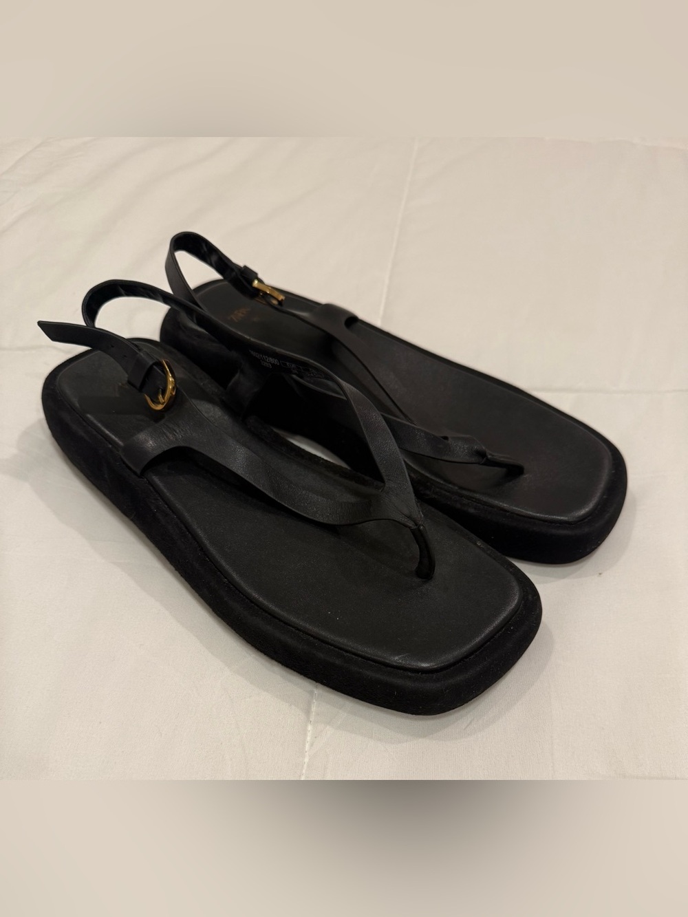1ZARA Black Leather Flatform Thong Sandals Square Toe Slingback 38 / US 7.5